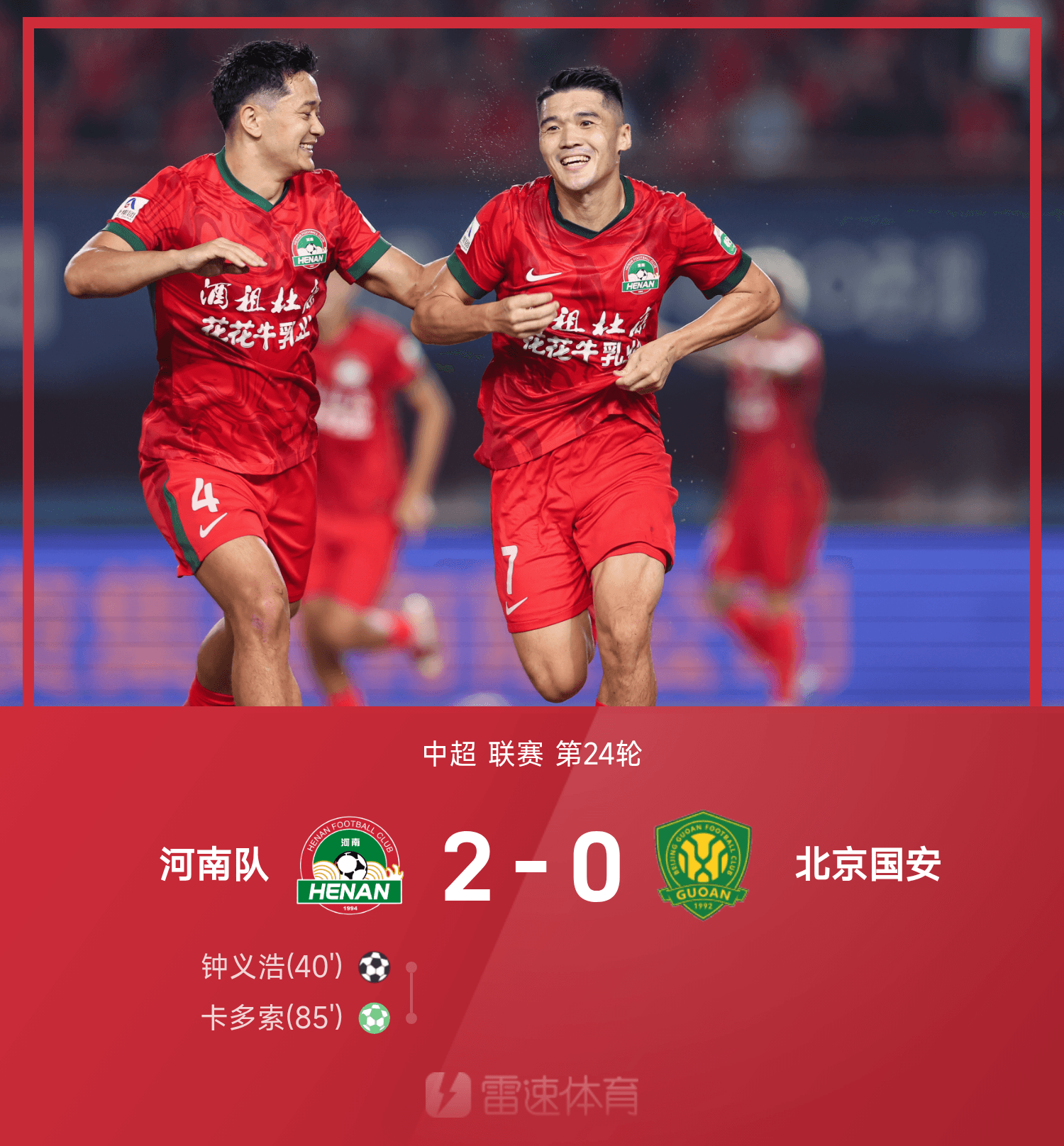 中超战报：钟义浩百场建功，卡多索点射破门，河南2-0北京国安